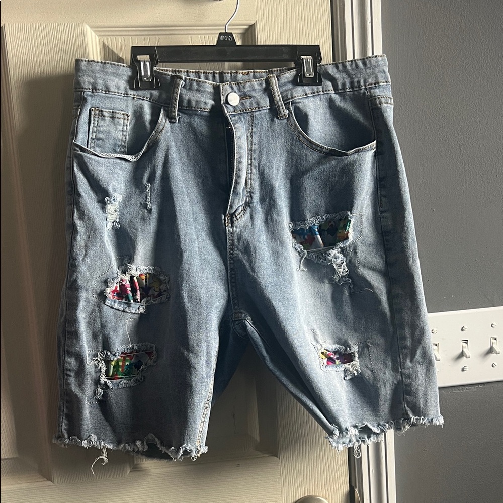 Distressed Light Wash Denim Shorts with Patch Details